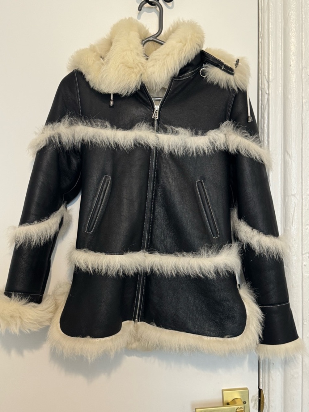 Kids Black Shearling Hooded Leather Coat Real Sheepskin